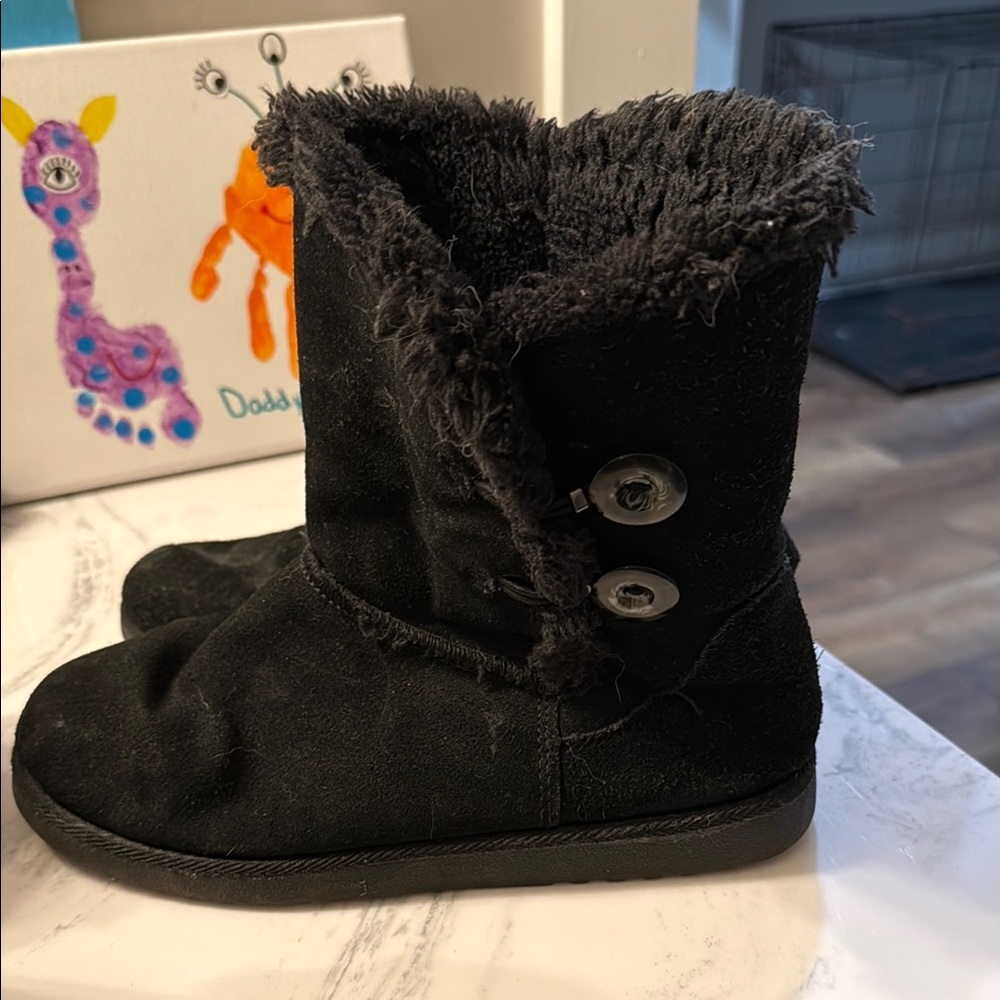 Black Suede Boots with Button Detail